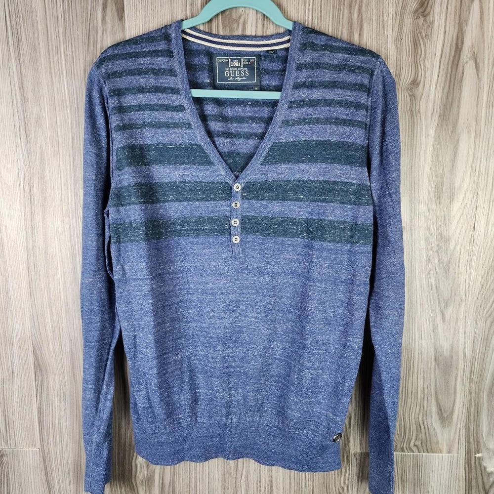 Guess Mens Blue Striped‎ V-Neck Henley Sweater Long Sleeve Marl Knit Medium